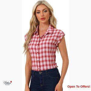 Summer Plaid Button Down Shirt with Cap Sleeves